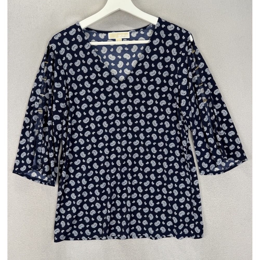 Michael Kors Women's Sz‎ M Blue & White Paisley Prints Peek A Boo Sleeve Blouse